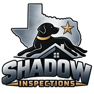 Shadow Inspections logo — black dog silhouette with Texas outline, roofline, and North Texas banner